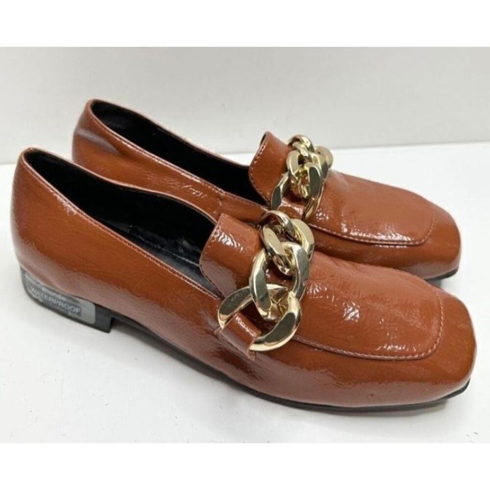 Blondo Waterproof Chain Accent Loafers Square Toe Brown Patent Leather Size 5‎ - Picture 2 of 7